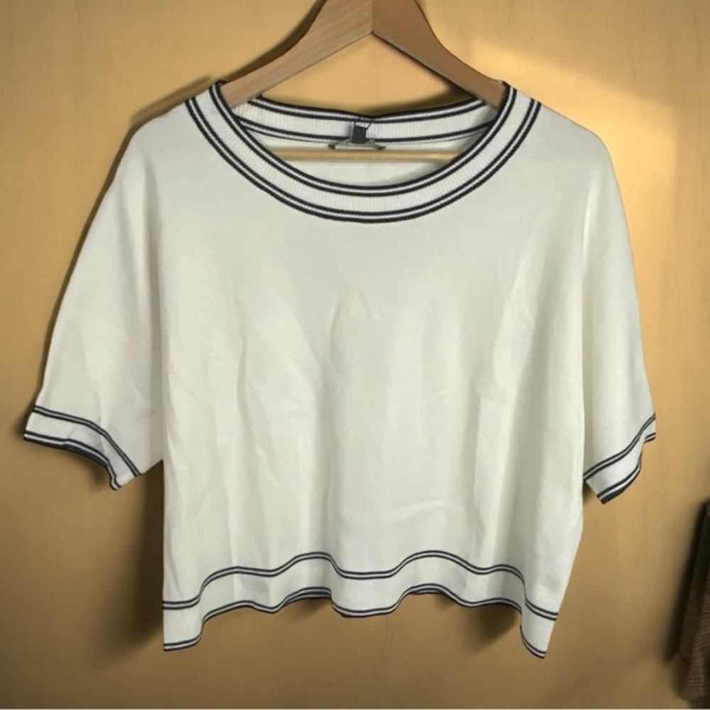 Adrianna Papell Ivory/Black Scoop Neck Tipped Pullover Sweater